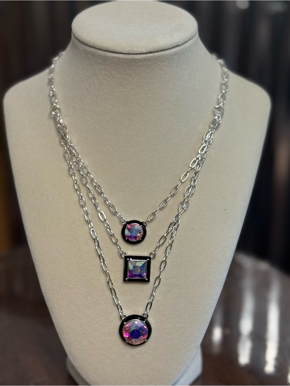Prismatic Crystal Drop Framed in Black Silver-toned Necklace